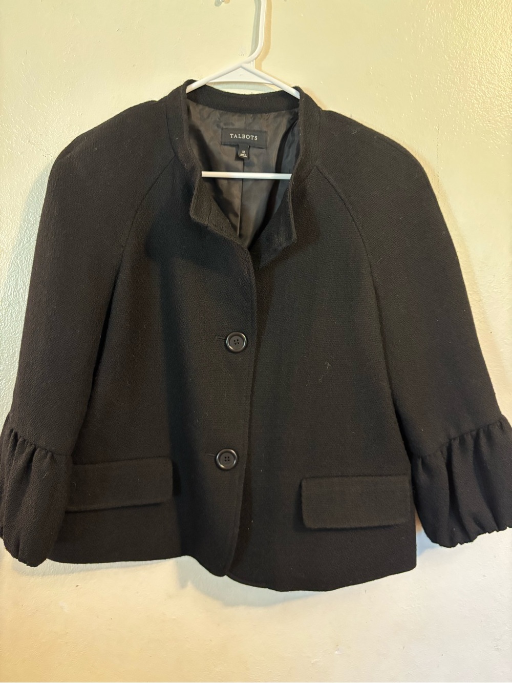 Talbots Black Cropped Blazer with Gathered Three-Quarter Sleeves